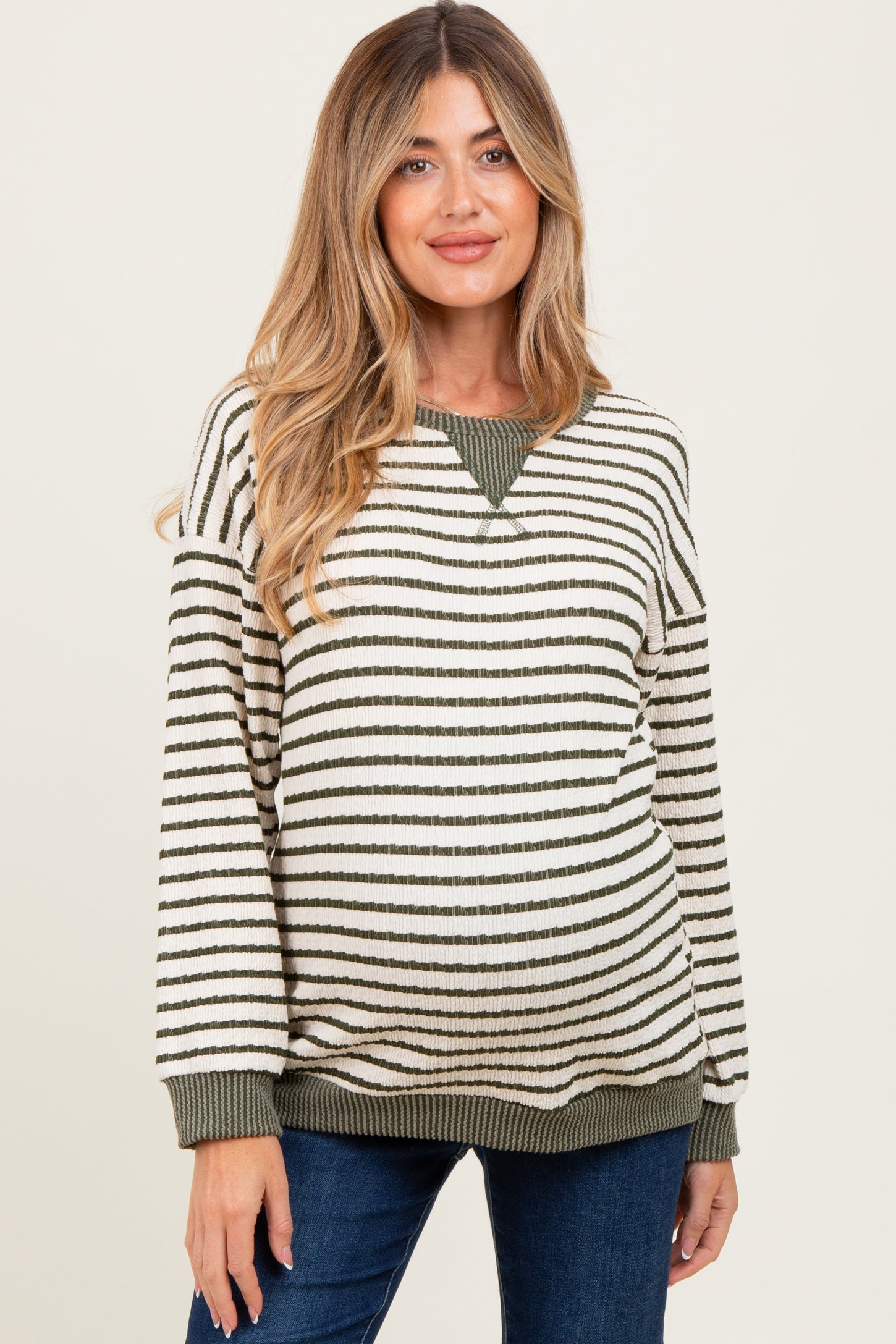 Olive Contrast Rib Long Sleeve Maternity Pullover Top