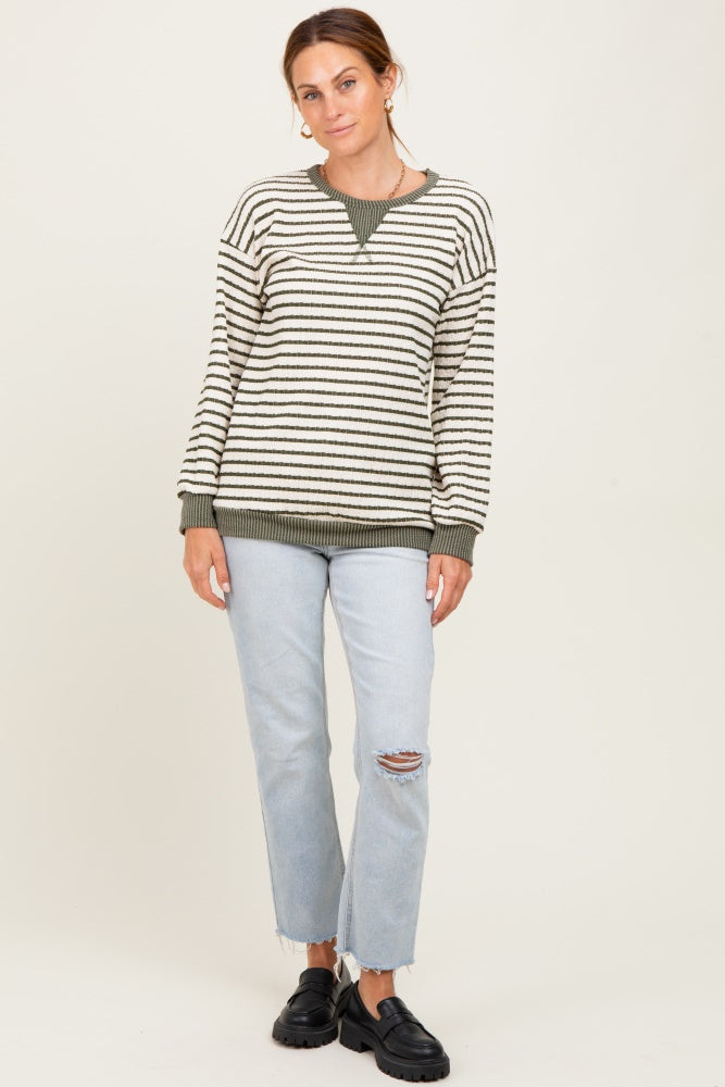 Olive Contrast Rib Long Sleeve Pullover Top