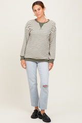 Olive Contrast Rib Long Sleeve Pullover Top