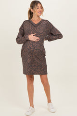 Brown Animal Print Ribbed Long Sleeve Maternity Dress