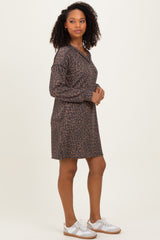 Brown Animal Print Ribbed Long Sleeve Dress