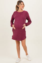 Burgundy Rib Knit Long Sleeve Maternity Dress