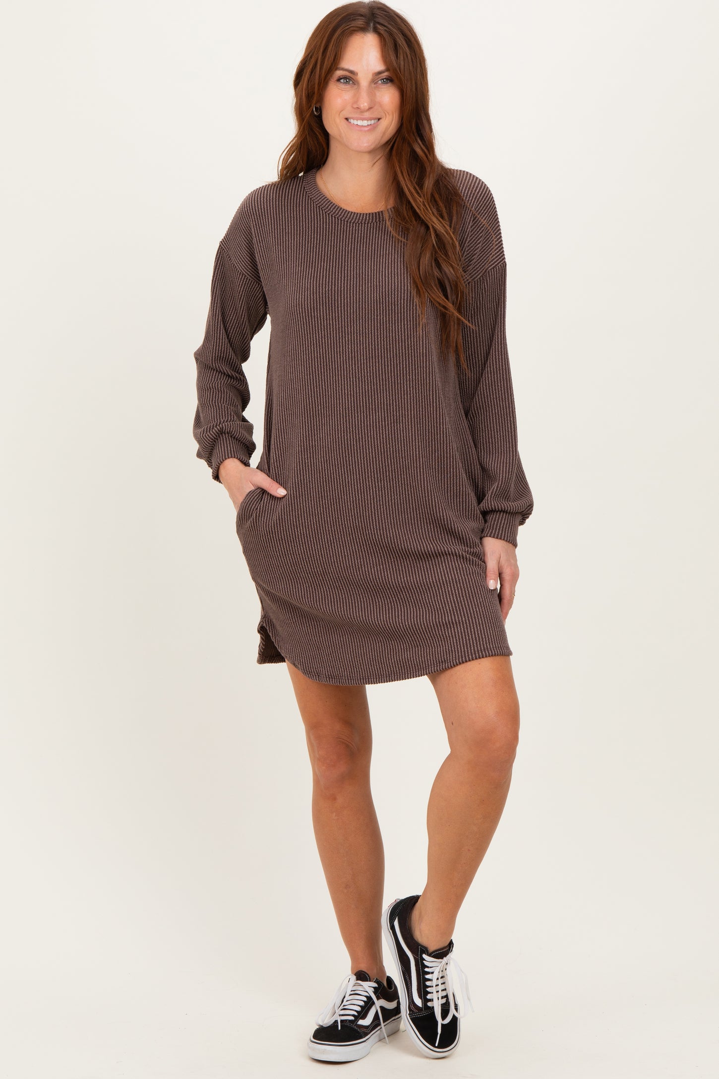 Brown Rib Knit Long Sleeve Maternity Dress