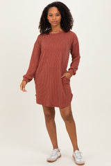 Rust Rib Knit Long Sleeve Dress