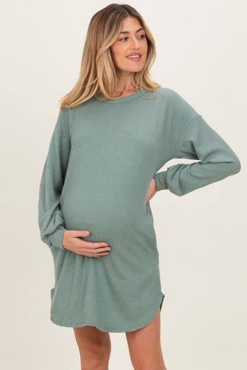 Light Olive Rib Knit Long Sleeve Maternity Dress