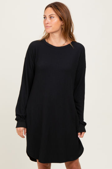Black Rib Knit Long Sleeve Dress