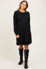 Black Rib Knit Long Sleeve Dress