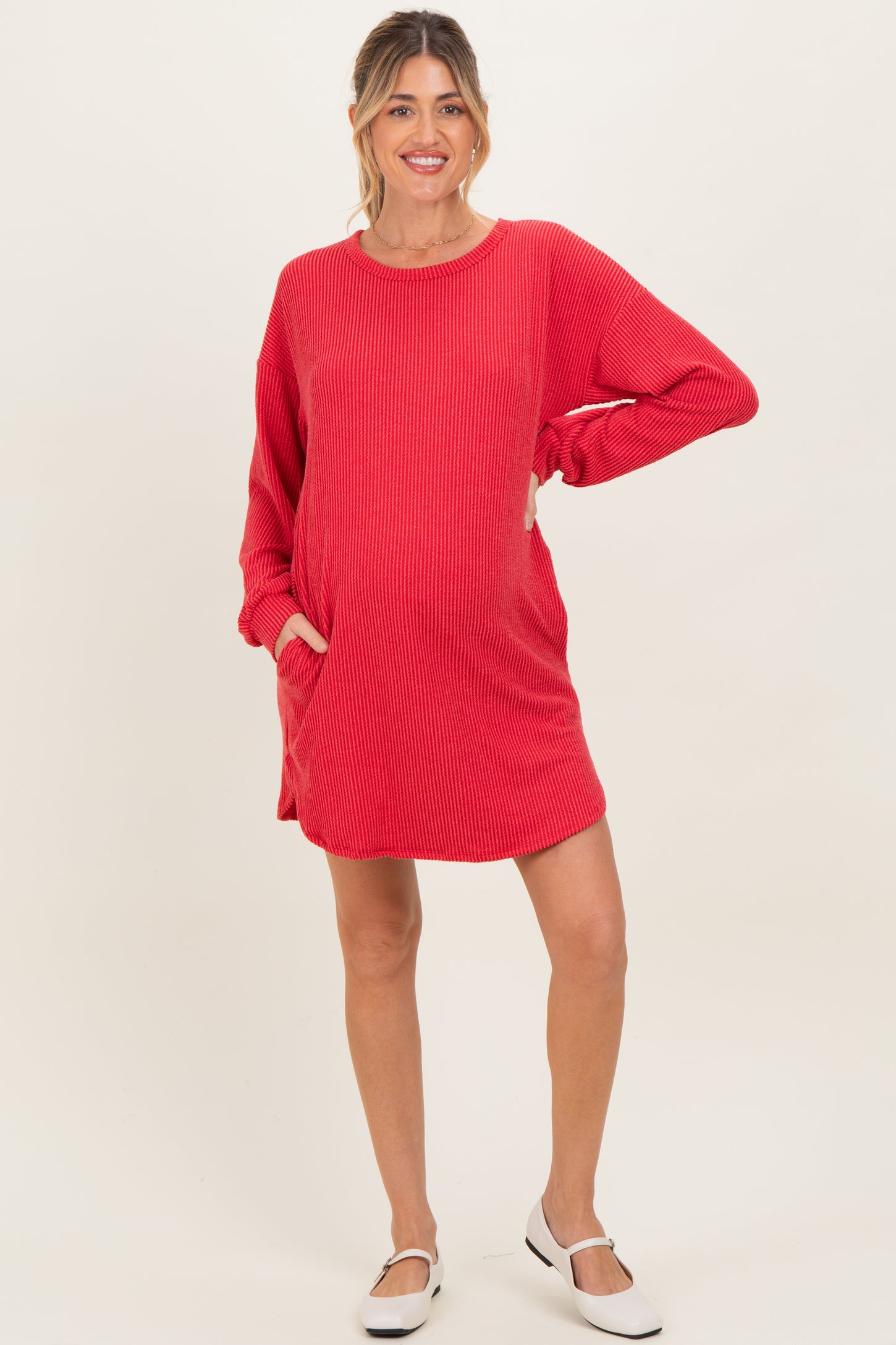 Red Rib Knit Long Sleeve Maternity Dress