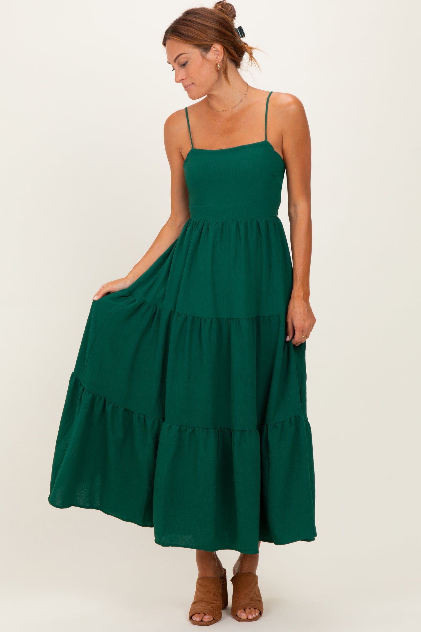 Forest Green Tiered Cutout Tie Back Maternity Midi Dress