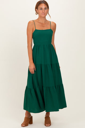 Forest Green Tiered Cutout Tie Back Midi Dress