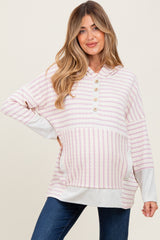 Light Pink Textured Stripe Button Up Maternity Hoodie