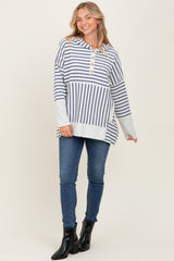 Light Navy Textured Stripe Button Up Hoodie