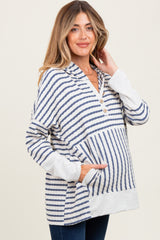 Light Navy Textured Stripe Button Up Maternity Hoodie