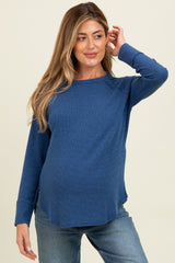 Light Navy Baby Waffle Knit Long Sleeve Maternity Top