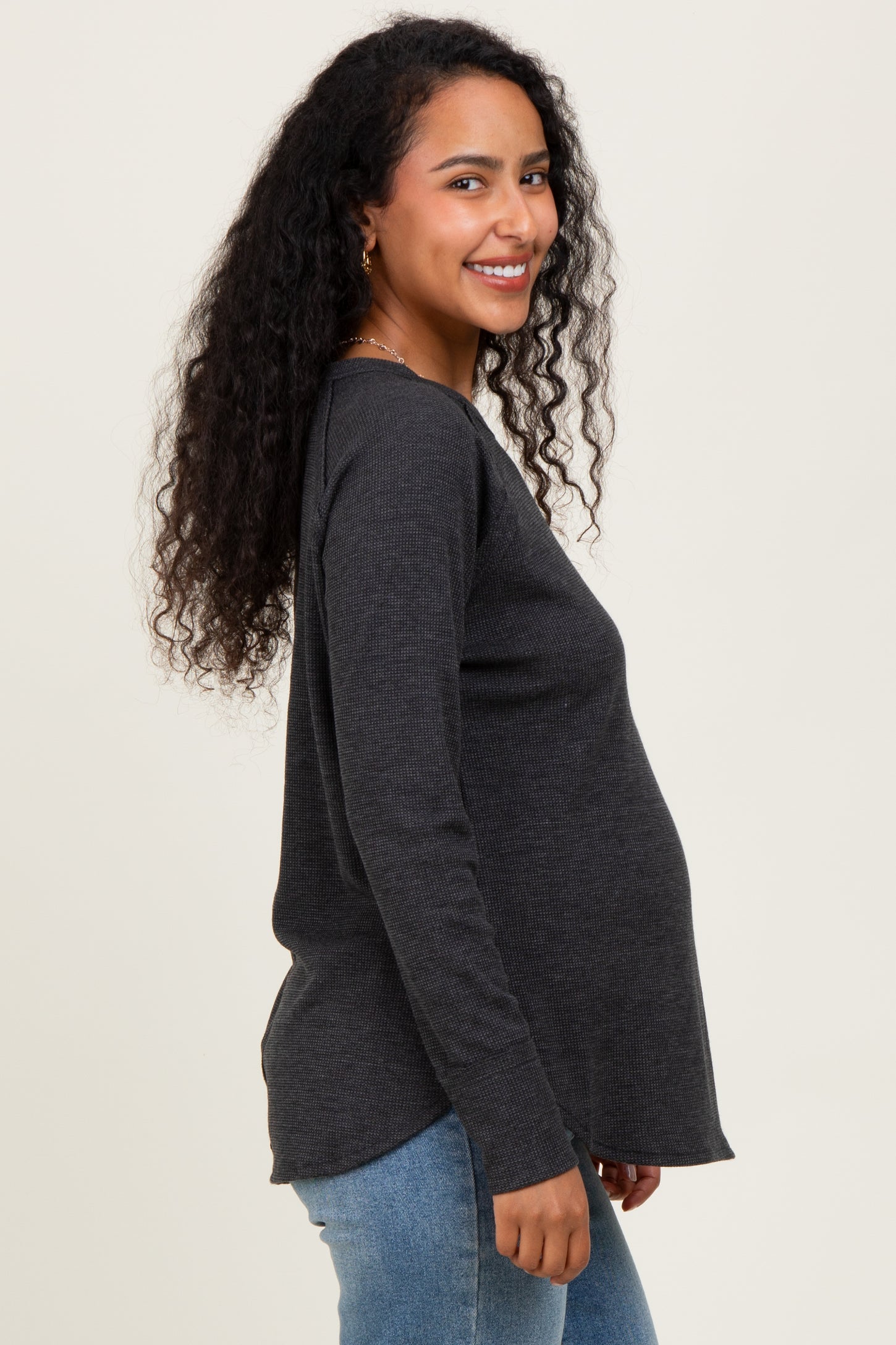 Charcoal Baby Waffle Knit Long Sleeve Maternity Top