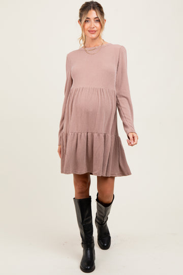 Taupe Textured Rib Tiered Long Sleeve Maternity Dress