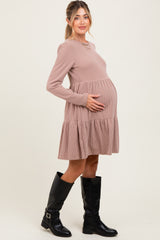 Taupe Textured Rib Tiered Long Sleeve Maternity Dress