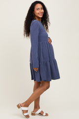 Navy Textured Rib Tiered Long Sleeve Maternity Dress