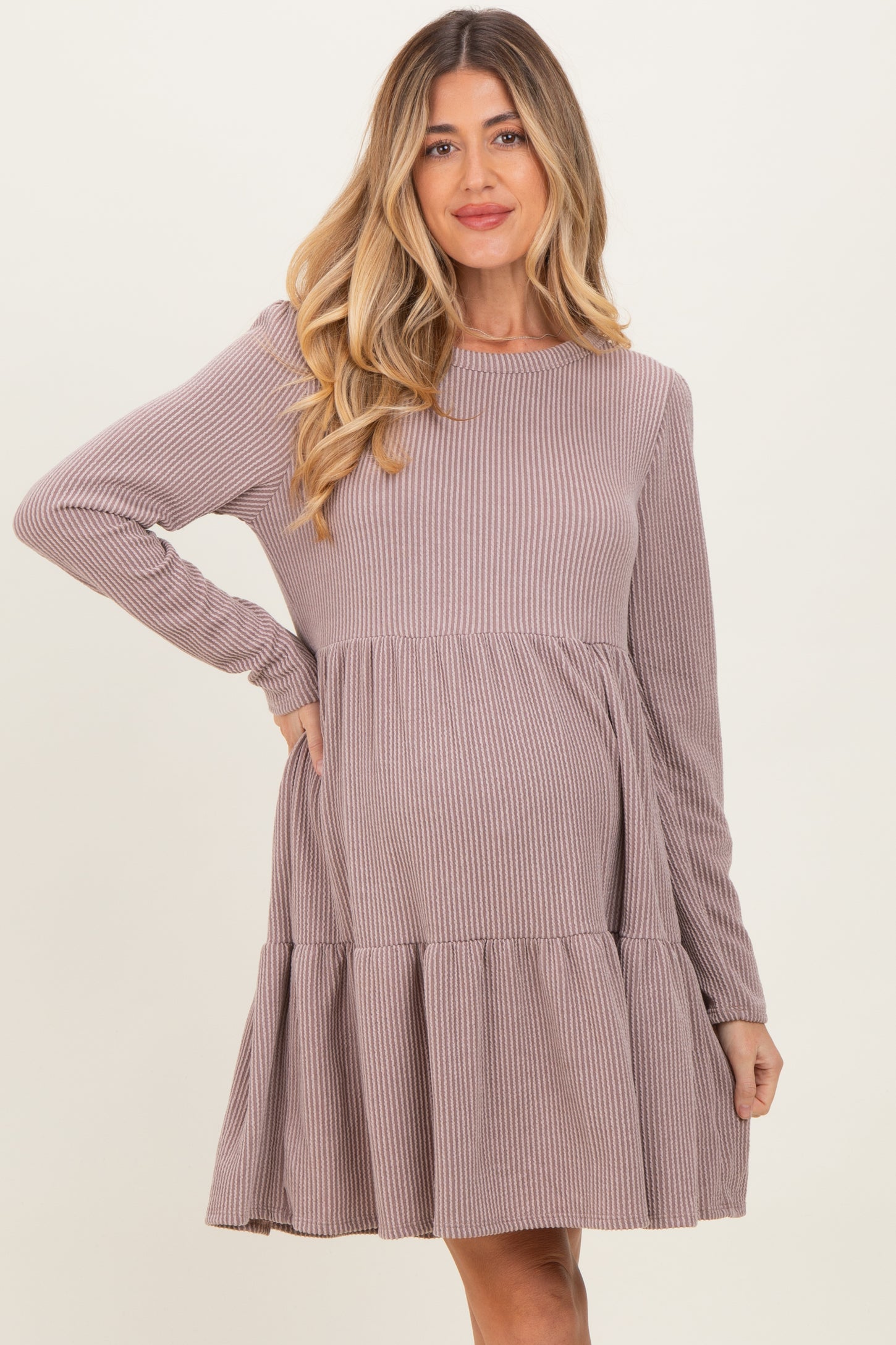 Mauve Textured Rib Tiered Long Sleeve Maternity Dress
