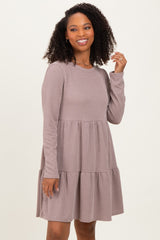 Mauve Textured Rib Tiered Long Sleeve Dress