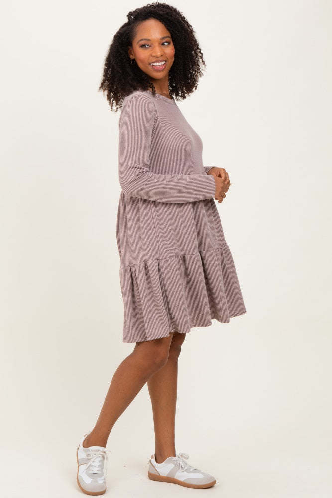 Mauve Textured Rib Tiered Long Sleeve Dress