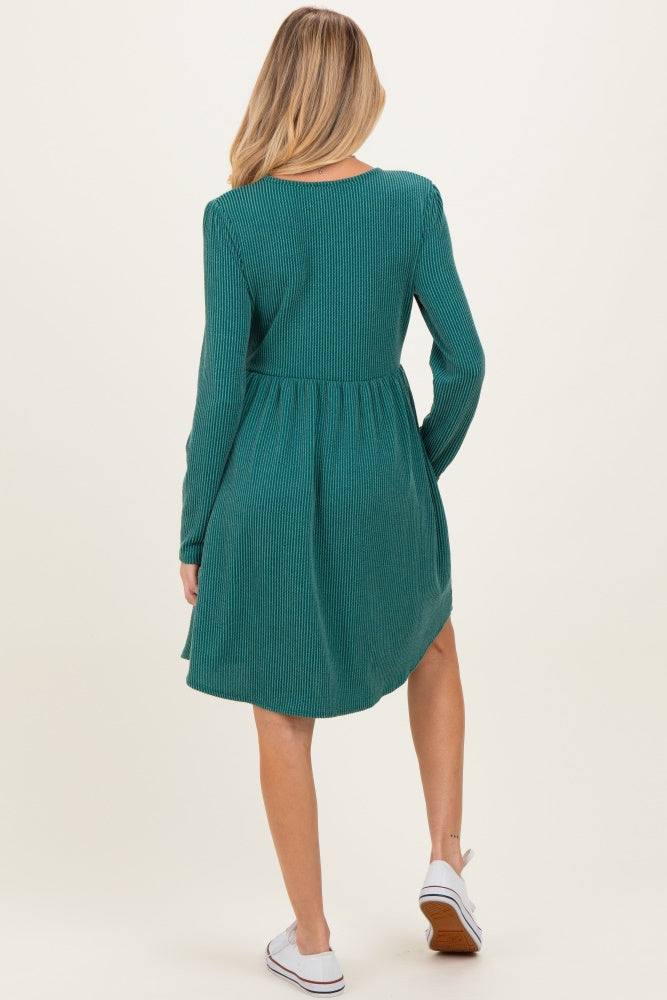 Forest Green Textured Rib Tiered Long Sleeve Maternity Dress