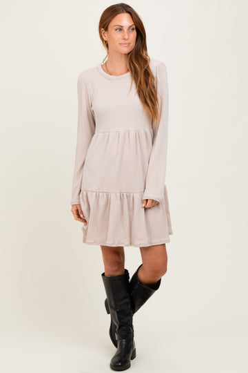 Beige Textured Rib Tiered Long Sleeve Dress
