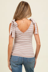 Mocha/Off White Striped Ribbed V-Neck Shoulder Tie Sleeveless Maternity Top