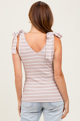Mocha/Off White Striped Ribbed V-Neck Shoulder Tie Sleeveless Top
