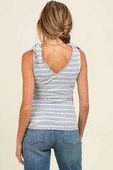 Heather Grey/Off White Striped Ribbed V-Neck Shoulder Tie Sleeveless Maternity Top