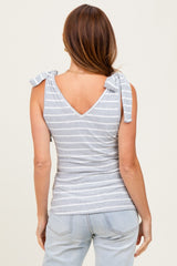Heather Grey/Off White Striped Ribbed V-Neck Shoulder Tie Sleeveless Top