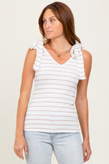 Ivory/Mocha Striped Ribbed V-Neck Shoulder Tie Sleeveless Maternity Top