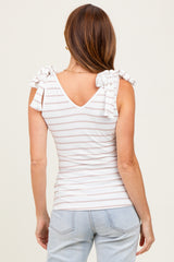 Ivory/Mocha Striped Ribbed V-Neck Shoulder Tie Sleeveless Top