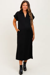 Black Collared Short Sleeve Maternity Midi Dress