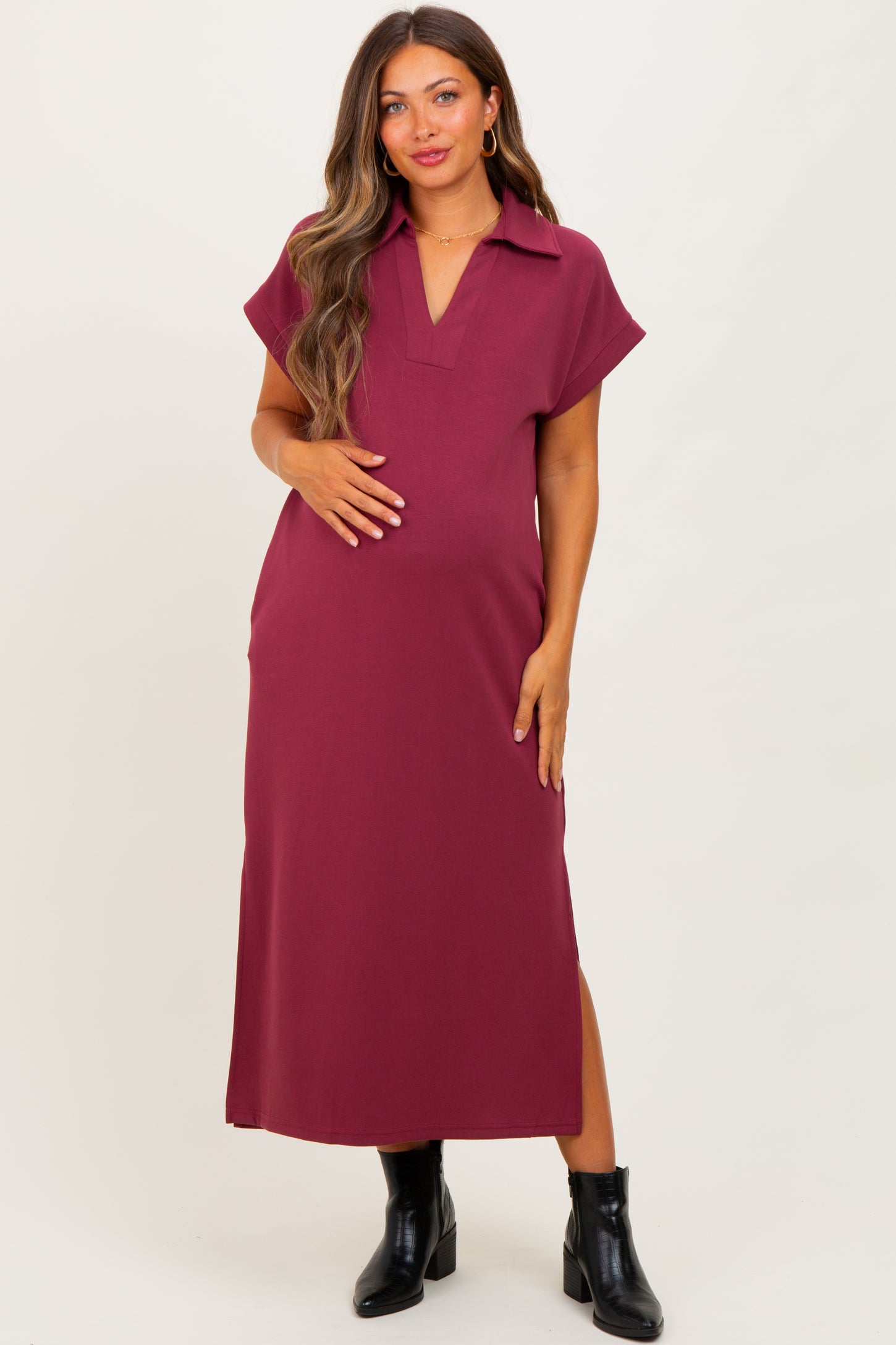 Burgundy Collared Short Sleeve Maternity Midi Dress