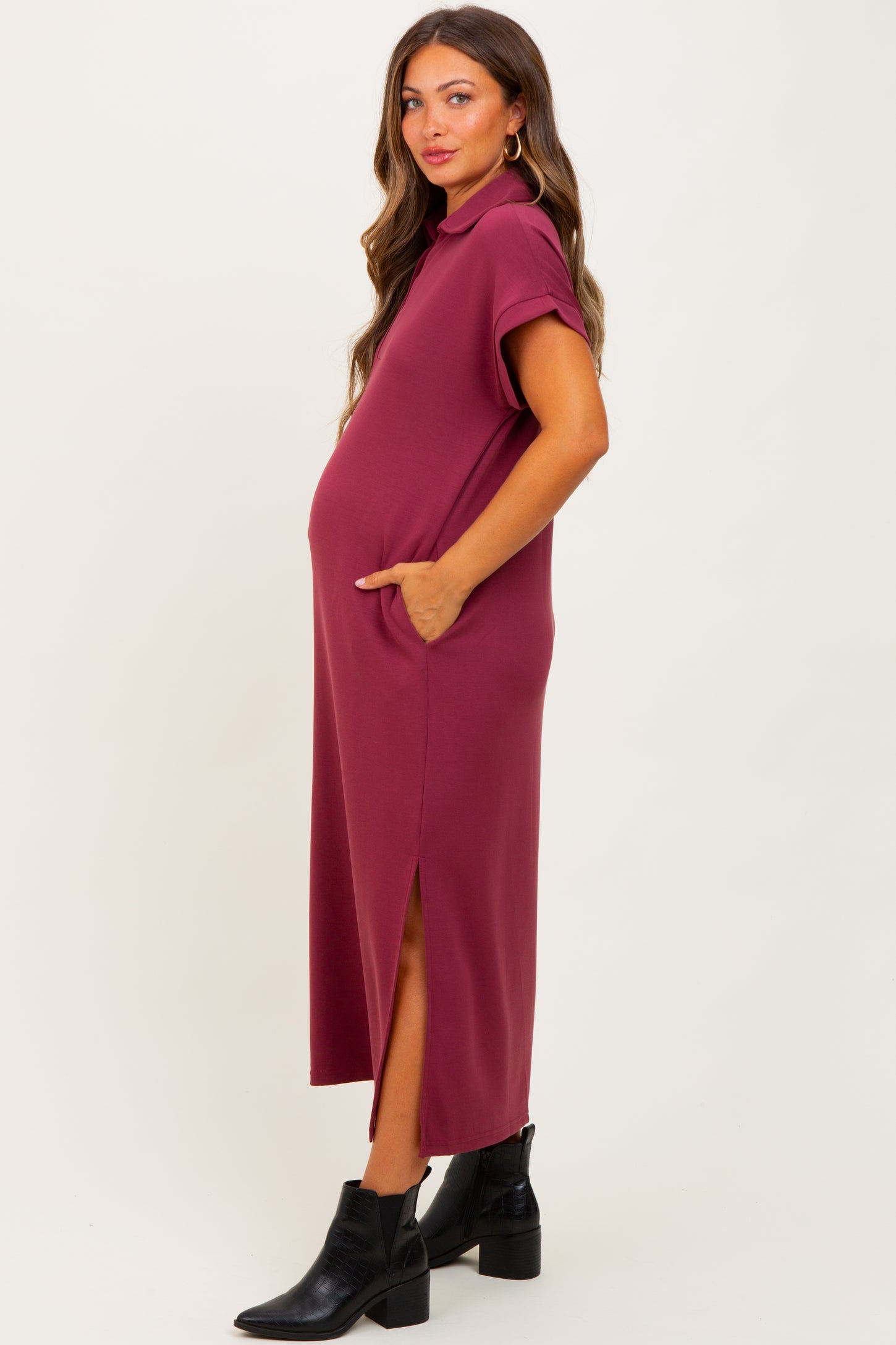 Burgundy Collared Short Sleeve Maternity Midi Dress