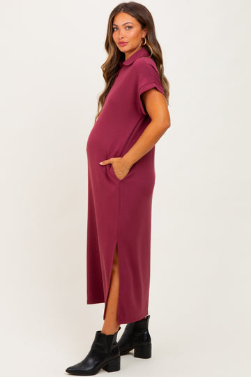Burgundy Collared Short Sleeve Maternity Midi Dress