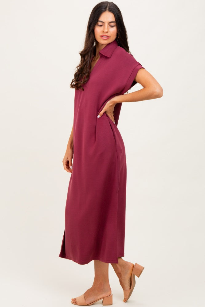 Burgundy Collared Short Sleeve Midi Dress