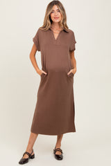 Mocha Collared Short Sleeve Maternity Midi Dress