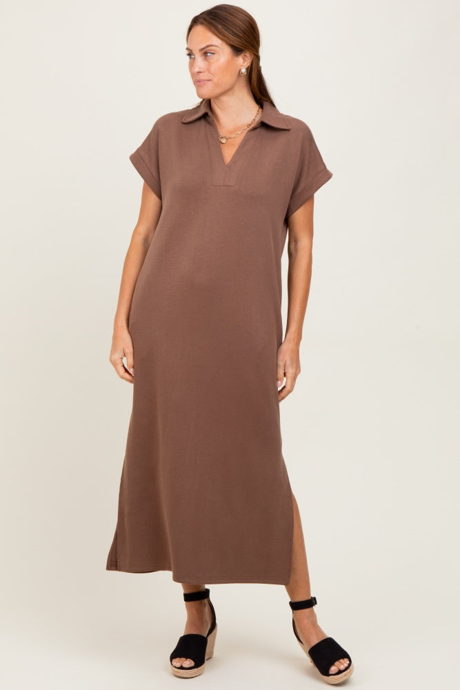 Mocha Collared Short Sleeve Midi Dress