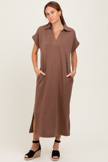 Mocha Collared Short Sleeve Midi Dress