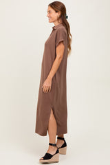 Mocha Collared Short Sleeve Midi Dress