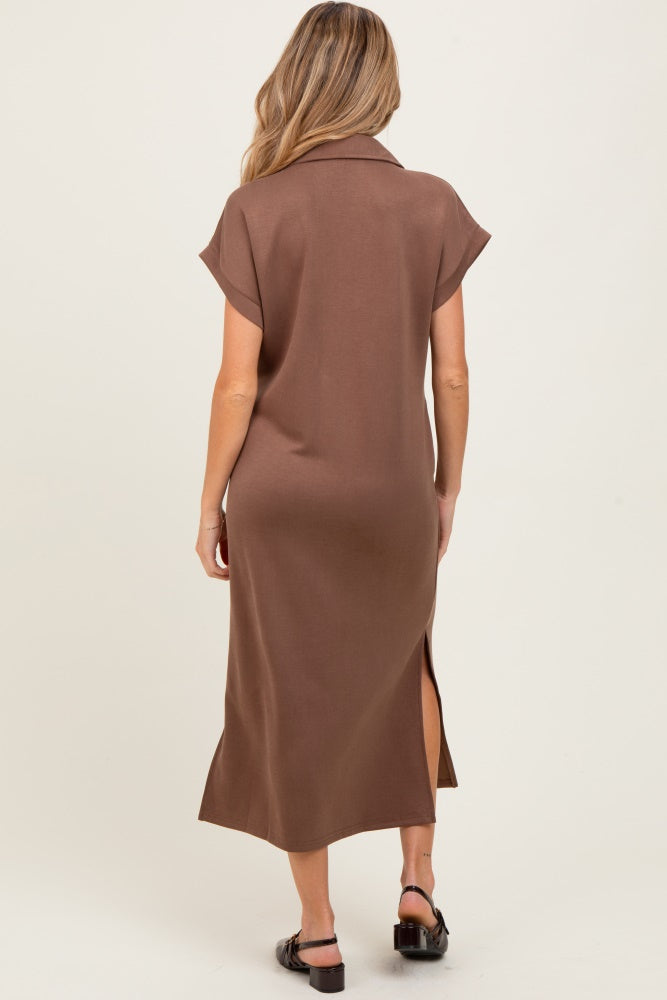 Mocha Collared Short Sleeve Maternity Midi Dress