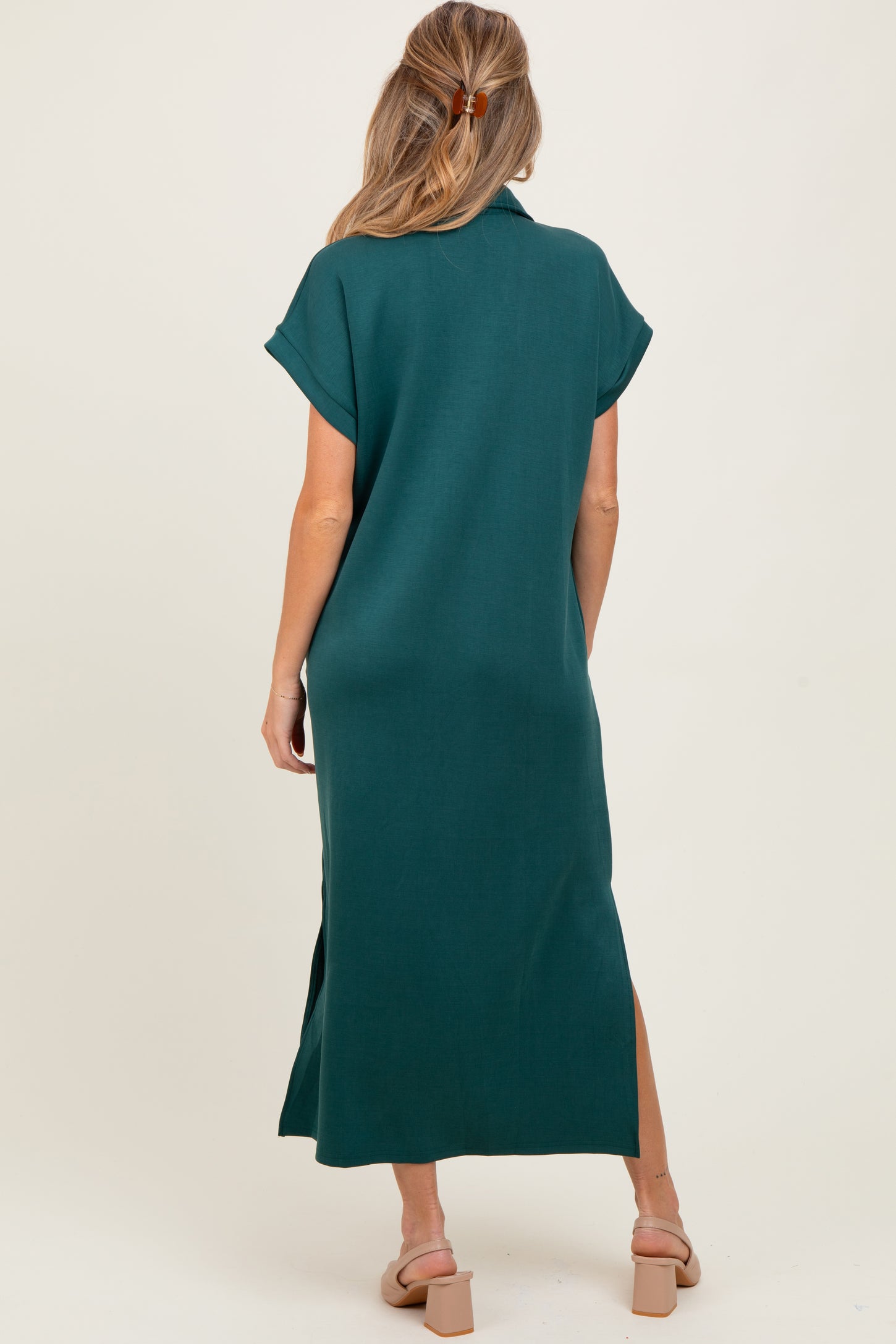 Forest Green Collared Short Sleeve Maternity Midi Dress