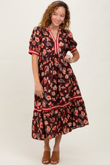 Brown Floral Contrast Trim Midi Dress