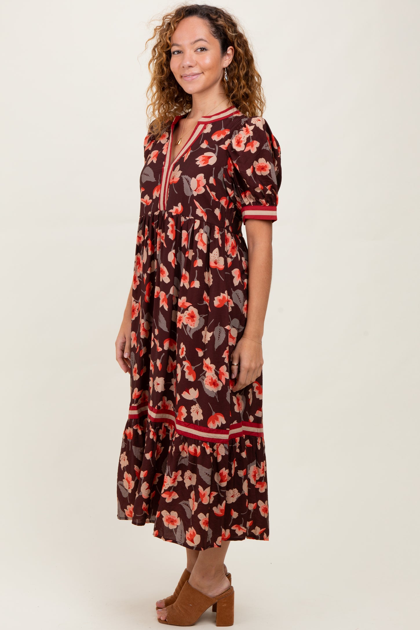 Brown Floral Contrast Trim Midi Dress