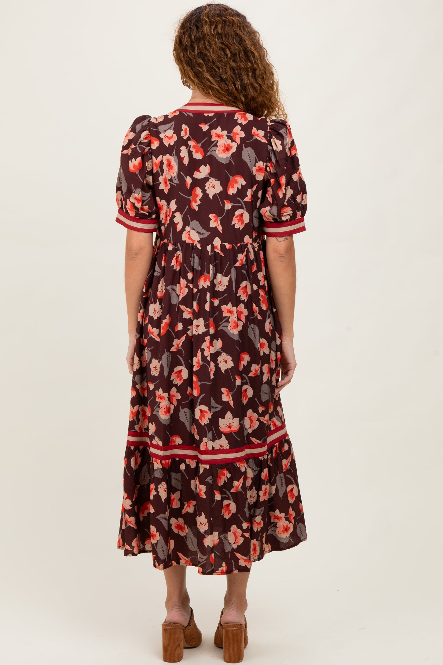 Brown Floral Contrast Trim Midi Dress