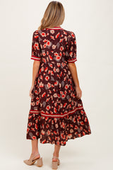 Brown Floral Contrast Trim Maternity Midi Dress