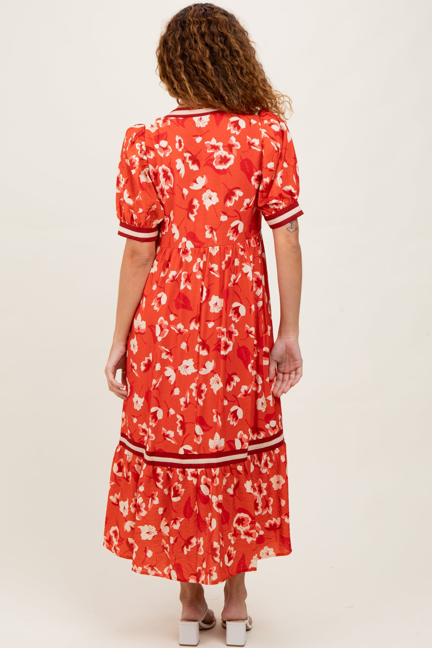 Red Floral Contrast Trim Midi Dress