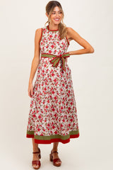 Cream Floral Contrast Trim Sleeveless Maternity Midi Dress